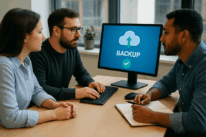 3 people discussing on a table abec backuping their data
