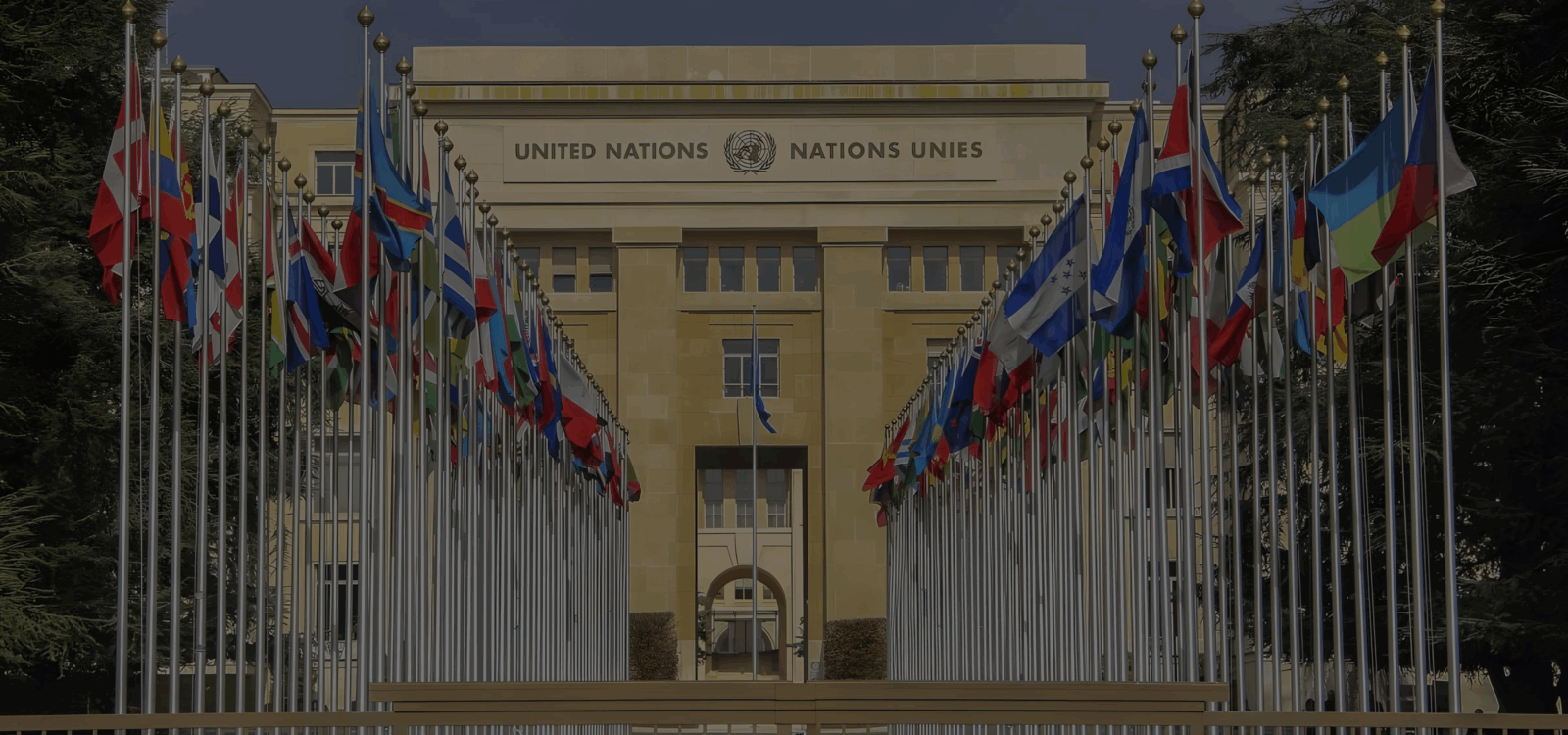 Façade du siège de l'ONU avec rangées de drapeaux nationaux le long d'une allée centrale.